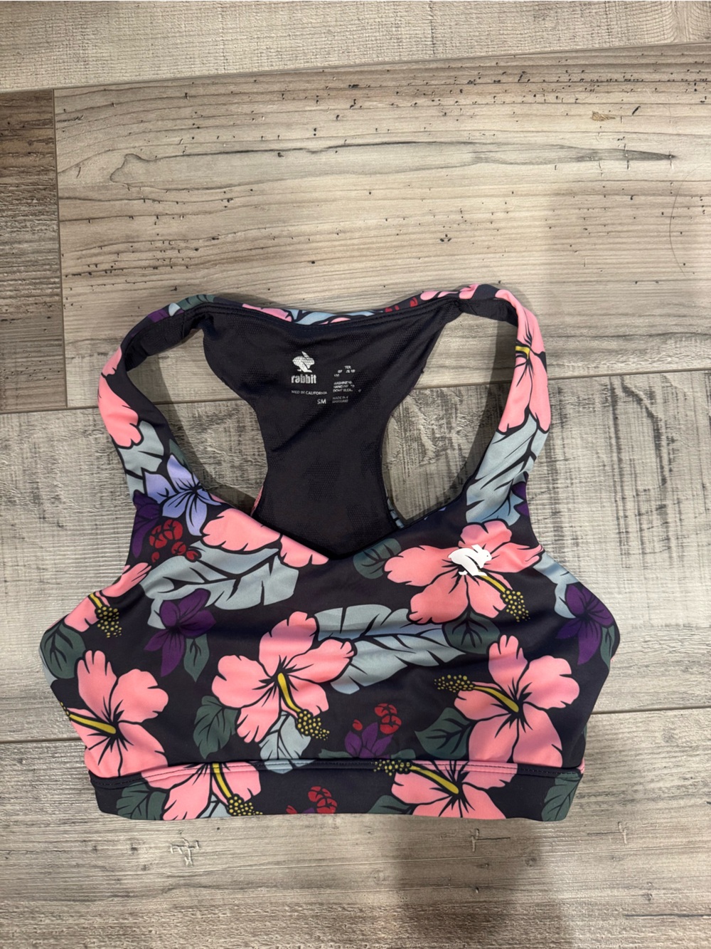 Rabbit Floral Racerback Sports Bra - Black with Pink Floral Print